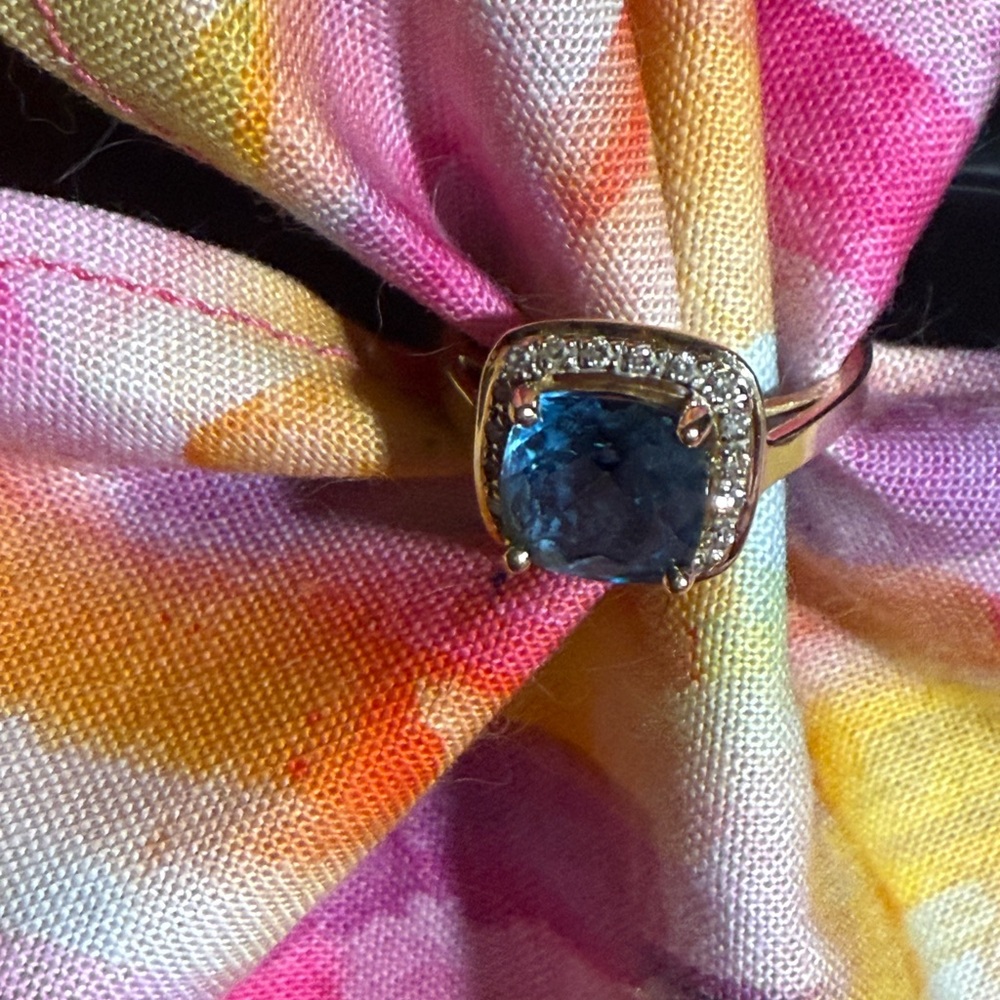 14k yellow gold cushion cut Blue Topaz ring with accent diamonds